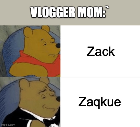 Tuxedo Winnie The Pooh | VLOGGER MOM:`; Zack; Zaqkue | image tagged in memes,tuxedo winnie the pooh | made w/ Imgflip meme maker