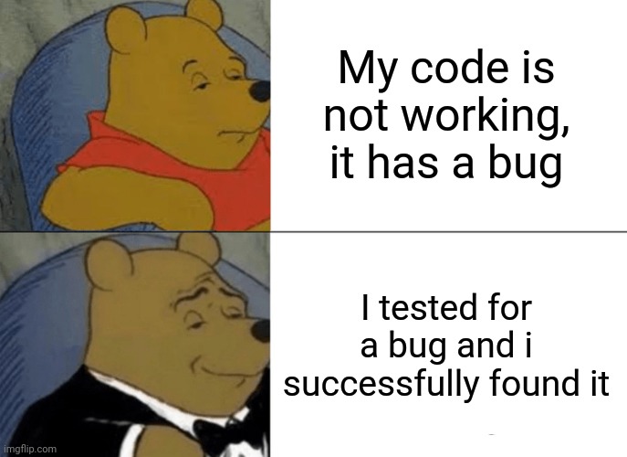 Tuxedo Winnie The Pooh | My code is not working, it has a bug; I tested for a bug and i successfully found it | image tagged in memes,tuxedo winnie the pooh | made w/ Imgflip meme maker