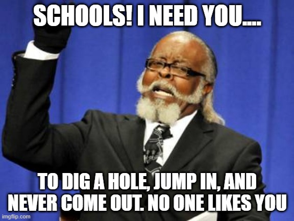 Too Damn High | SCHOOLS! I NEED YOU.... TO DIG A HOLE, JUMP IN, AND NEVER COME OUT. NO ONE LIKES YOU | image tagged in memes,too damn high | made w/ Imgflip meme maker