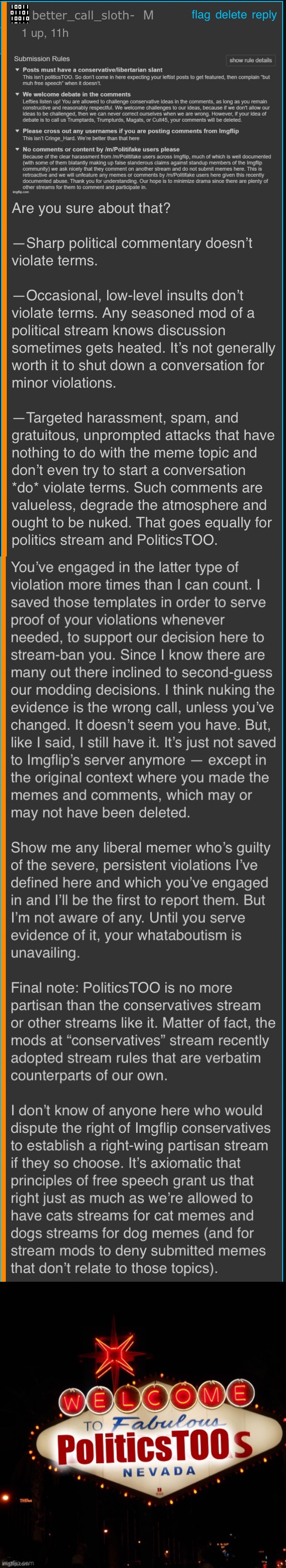 Mod note in support of stream-banning a PoliticsTOO troll. | image tagged in welcome to politicstoo | made w/ Imgflip meme maker