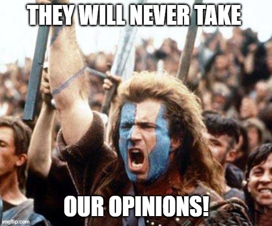 braveheart freedom | THEY WILL NEVER TAKE OUR OPINIONS! | image tagged in braveheart freedom | made w/ Imgflip meme maker