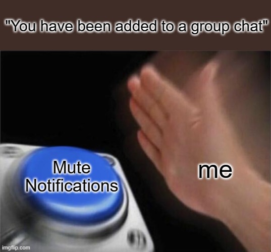 Blank Nut Button | "You have been added to a group chat"; me; Mute Notifications | image tagged in memes,blank nut button | made w/ Imgflip meme maker