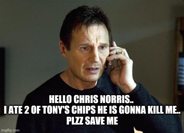 Liam Neeson Taken 2 Meme | HELLO CHRIS NORRIS.. 
I ATE 2 OF TONY'S CHIPS HE IS GONNA KILL ME..
PLZZ SAVE ME | image tagged in memes,liam neeson taken 2 | made w/ Imgflip meme maker