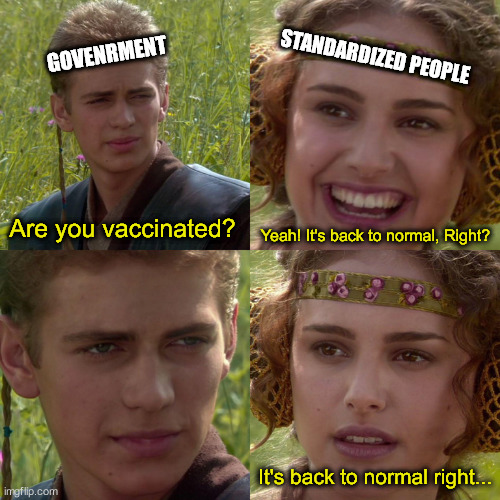 Goverment Vaccine | GOVENRMENT; STANDARDIZED PEOPLE; Yeah! It's back to normal, Right? Are you vaccinated? It's back to normal right... | image tagged in anakin padme 4 panel | made w/ Imgflip meme maker