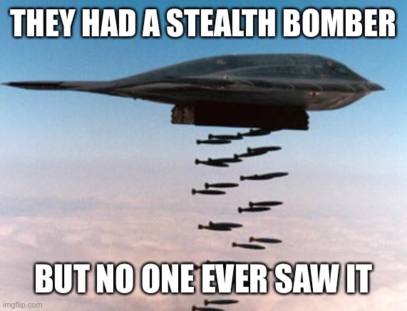 stealth bomber | THEY HAD A STEALTH BOMBER BUT NO ONE EVER SAW IT | image tagged in stealth bomber | made w/ Imgflip meme maker