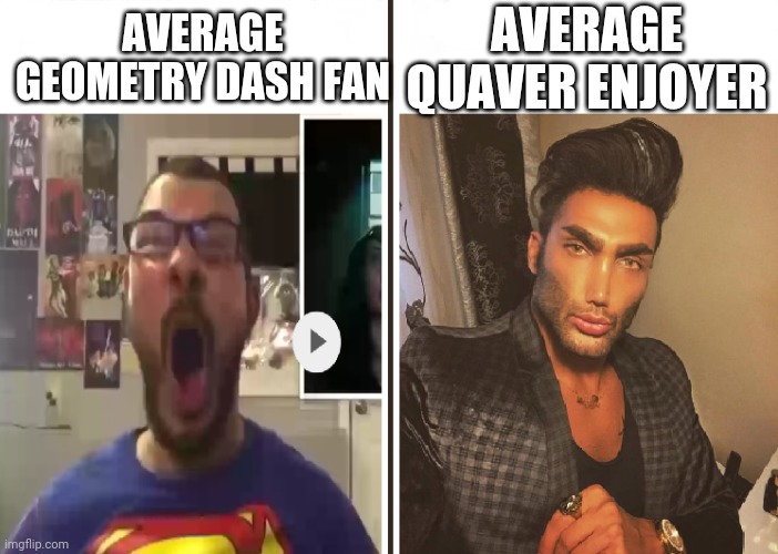 Average Fan vs Average Enjoyer | AVERAGE GEOMETRY DASH FAN AVERAGE QUAVER ENJOYER | image tagged in average fan vs average enjoyer | made w/ Imgflip meme maker