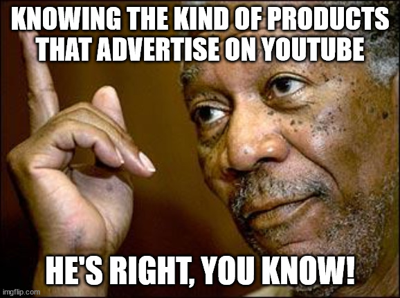 This Morgan Freeman | KNOWING THE KIND OF PRODUCTS THAT ADVERTISE ON YOUTUBE HE'S RIGHT, YOU KNOW! | image tagged in this morgan freeman | made w/ Imgflip meme maker