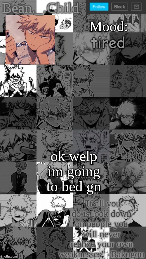 tired; ok welp im going to bed gn | image tagged in beanchild bakugou temp | made w/ Imgflip meme maker