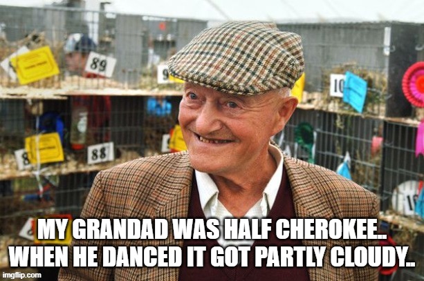 MY GRANDAD WAS HALF CHEROKEE..
WHEN HE DANCED IT GOT PARTLY CLOUDY.. | image tagged in grandpa | made w/ Imgflip meme maker
