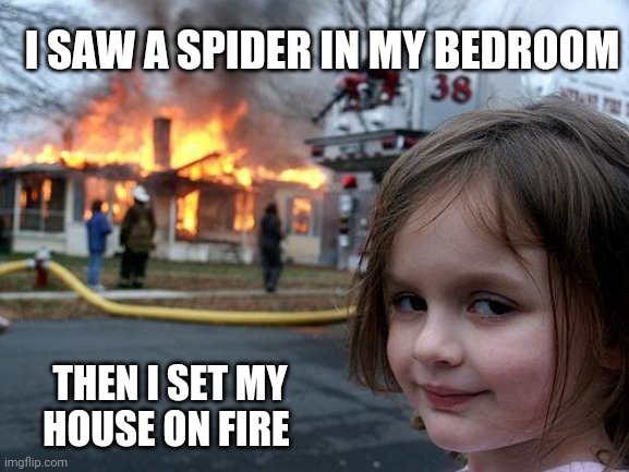 How Kids react to spiders | I SAW A SPIDER IN MY BEDROOM; THEN I SET MY HOUSE ON FIRE | image tagged in memes,spiders,epic girl | made w/ Imgflip meme maker