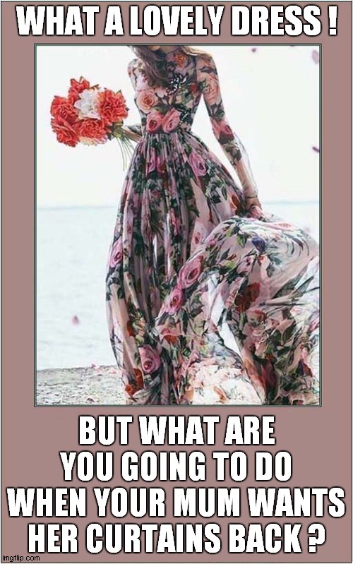 There May Be Trouble Ahead ? | WHAT A LOVELY DRESS ! BUT WHAT ARE YOU GOING TO DO WHEN YOUR MUM WANTS HER CURTAINS BACK ? | image tagged in fashion,curtains | made w/ Imgflip meme maker