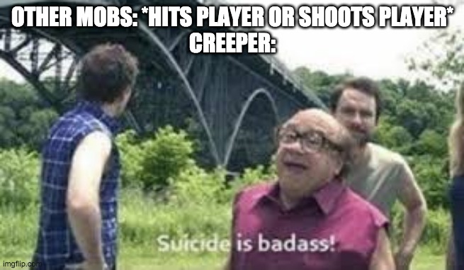 creepers be like: | OTHER MOBS: *HITS PLAYER OR SHOOTS PLAYER*
CREEPER: | image tagged in suicide is badass | made w/ Imgflip meme maker