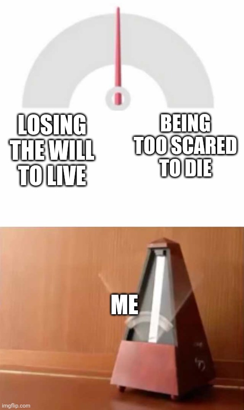 A Way to Exist |  BEING TOO SCARED TO DIE; LOSING THE WILL TO LIVE; ME | image tagged in metronome | made w/ Imgflip meme maker