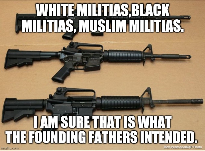 Armed racism | WHITE MILITIAS,BLACK MILITIAS, MUSLIM MILITIAS. I AM SURE THAT IS WHAT THE FOUNDING FATHERS INTENDED. | image tagged in ar15,gun control,second amendment,conservatives,republicans,trump | made w/ Imgflip meme maker