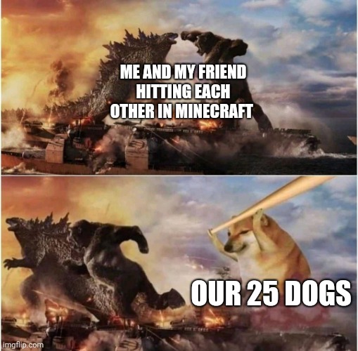 Kong Godzilla Doge |  ME AND MY FRIEND HITTING EACH OTHER IN MINECRAFT; OUR 25 DOGS | image tagged in kong godzilla doge | made w/ Imgflip meme maker