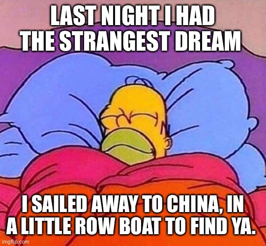 Homer Simpson sleeping peacefully | LAST NIGHT I HAD THE STRANGEST DREAM; I SAILED AWAY TO CHINA, IN A LITTLE ROW BOAT TO FIND YA. | image tagged in homer simpson sleeping peacefully | made w/ Imgflip meme maker