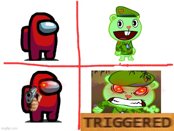Among Us And Flippy Be Like | image tagged in blank white template,happy tree friends,among us,funny memes | made w/ Imgflip meme maker