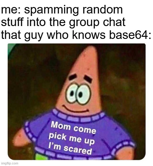 that guy is wondering why i want to strangle everyone but myself | me: spamming random stuff into the group chat
that guy who knows base64: | image tagged in patrick mom come pick me up i'm scared | made w/ Imgflip meme maker