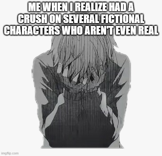 Sad anime boy | ME WHEN I REALIZE HAD A CRUSH ON SEVERAL FICTIONAL CHARACTERS WHO AREN'T EVEN REAL | image tagged in sad anime boy | made w/ Imgflip meme maker