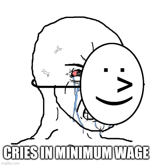 Pretending To Be Happy, Hiding Crying Behind A Mask | CRIES IN MINIMUM WAGE | image tagged in pretending to be happy hiding crying behind a mask | made w/ Imgflip meme maker