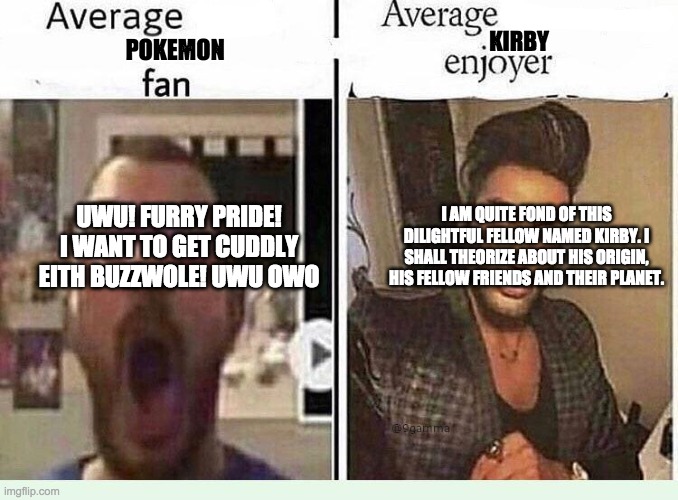 Average *BLANK* Fan VS Average *BLANK* Enjoyer | KIRBY; POKEMON; UWU! FURRY PRIDE! I WANT TO GET CUDDLY EITH BUZZWOLE! UWU OWO; I AM QUITE FOND OF THIS DILIGHTFUL FELLOW NAMED KIRBY. I SHALL THEORIZE ABOUT HIS ORIGIN, HIS FELLOW FRIENDS AND THEIR PLANET. | image tagged in average blank fan vs average blank enjoyer | made w/ Imgflip meme maker