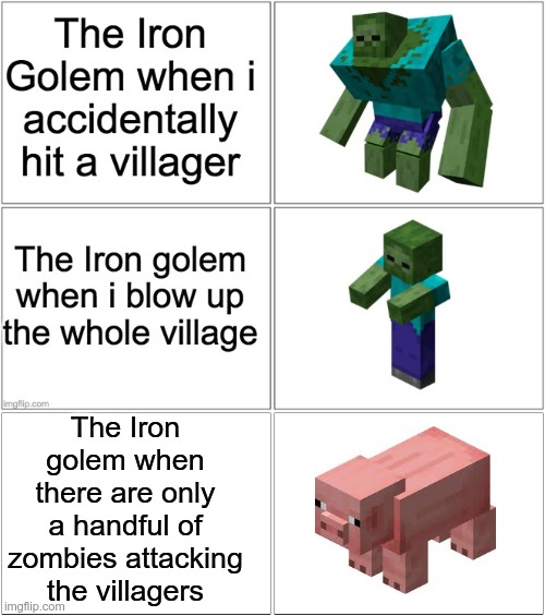 The Iron golem when there are only a handful of zombies attacking the villagers | image tagged in memes,blank comic panel 2x1 | made w/ Imgflip meme maker