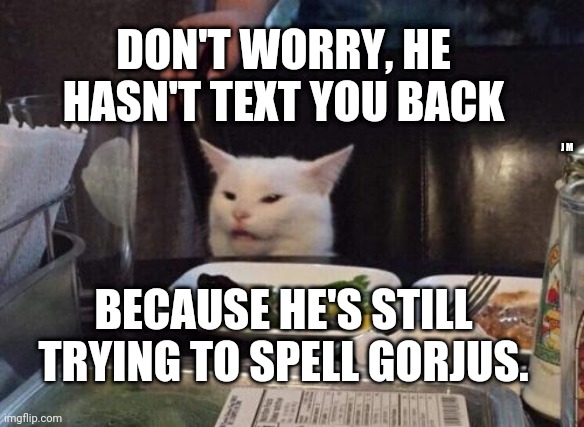 Salad cat | DON'T WORRY, HE HASN'T TEXT YOU BACK; J M; BECAUSE HE'S STILL TRYING TO SPELL GORJUS. | image tagged in salad cat | made w/ Imgflip meme maker
