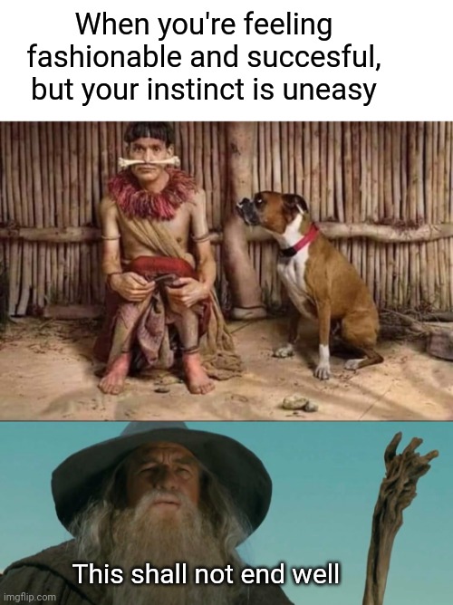 Bone Fashion | When you're feeling fashionable and succesful, but your instinct is uneasy; This shall not end well | image tagged in gandalf,bone,dog meme,hungry dog,bad ending,funny memes | made w/ Imgflip meme maker