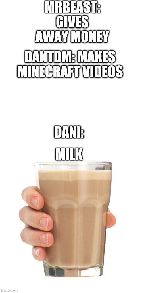 Dani milkman | MRBEAST: GIVES AWAY MONEY; DANTDM: MAKES MINECRAFT VIDEOS; DANI:; MILK | image tagged in choccy milk | made w/ Imgflip meme maker