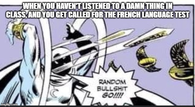 Random Bullshit Go | WHEN YOU HAVEN'T LISTENED TO A DAMN THING IN CLASS, AND YOU GET CALLED FOR THE FRENCH LANGUAGE TEST | image tagged in random bullshit go | made w/ Imgflip meme maker