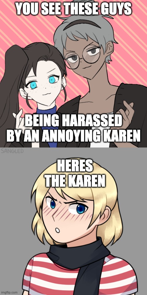 The one on the left is called Millie, the one on the right Alios | YOU SEE THESE GUYS; BEING HARASSED BY AN ANNOYING KAREN; HERES THE KAREN | image tagged in rp,roleplay,karen | made w/ Imgflip meme maker