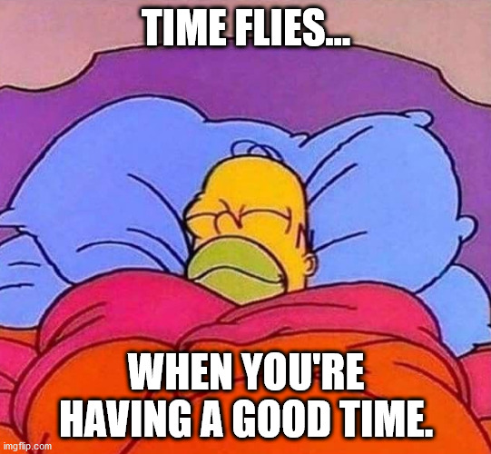 cvh070421 | TIME FLIES... WHEN YOU'RE HAVING A GOOD TIME. | image tagged in homer simpson sleeping peacefully | made w/ Imgflip meme maker