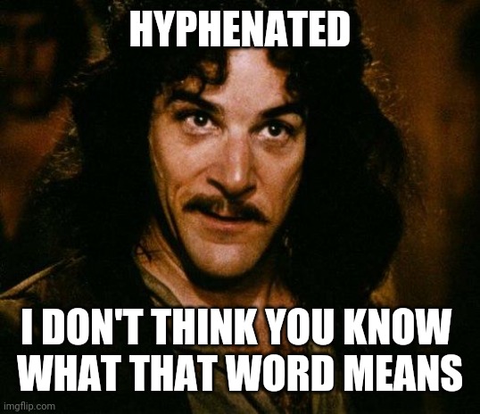 Inigo Montoya Meme | HYPHENATED I DON'T THINK YOU KNOW 
WHAT THAT WORD MEANS | image tagged in memes,inigo montoya | made w/ Imgflip meme maker