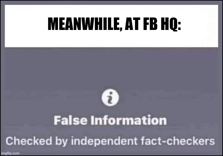false information checked by independent fact-checkers | MEANWHILE, AT FB HQ: | image tagged in false information checked by independent fact-checkers | made w/ Imgflip meme maker