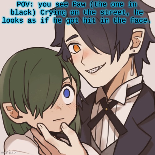 'BellSMP, Ray and Big man Paw -Picrew-') | POV: you see Paw (the one in black) Crying on the street, he looks as if he got hit in the face. | image tagged in 'bellsmp ray and big man paw -picrew-' | made w/ Imgflip meme maker