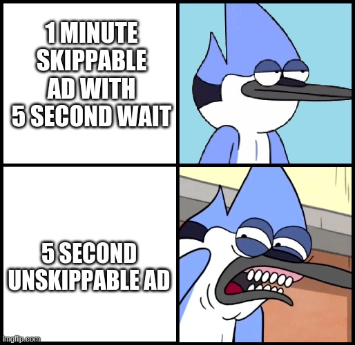 Mordecai disgusted | 1 MINUTE SKIPPABLE AD WITH 5 SECOND WAIT; 5 SECOND UNSKIPPABLE AD | image tagged in mordecai disgusted | made w/ Imgflip meme maker