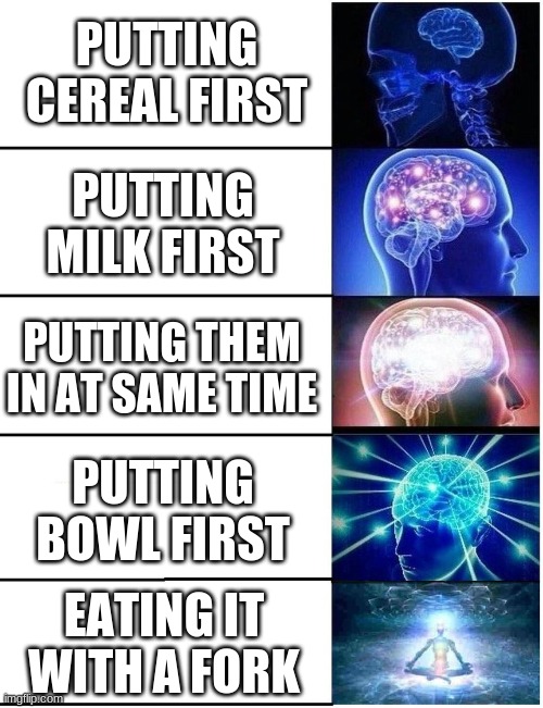 Expanding Brain 5 Panel | PUTTING CEREAL FIRST; PUTTING MILK FIRST; PUTTING THEM IN AT SAME TIME; PUTTING BOWL FIRST; EATING IT WITH A FORK | image tagged in expanding brain 5 panel | made w/ Imgflip meme maker