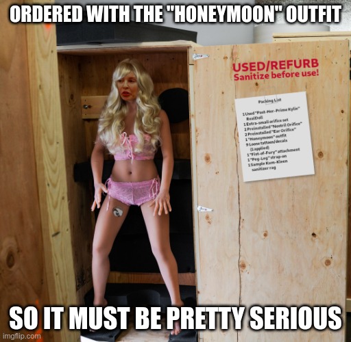 Is he going to pop the question? | ORDERED WITH THE "HONEYMOON" OUTFIT; SO IT MUST BE PRETTY SERIOUS | image tagged in kylie doll | made w/ Imgflip meme maker