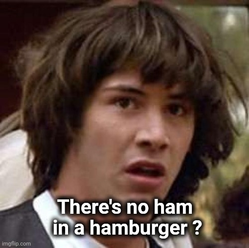 Conspiracy Keanu Meme | There's no ham
 in a hamburger ? | image tagged in memes,conspiracy keanu | made w/ Imgflip meme maker