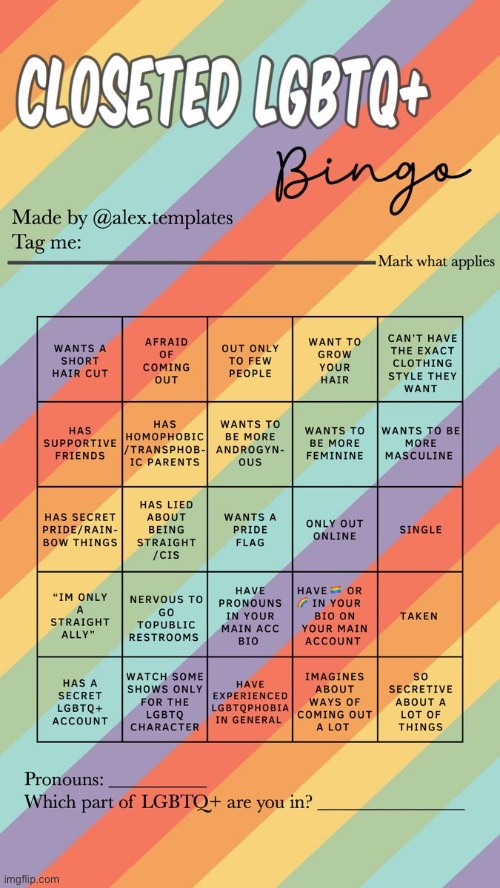 Closeted LGBTQ+ Bingo Blank Meme Template