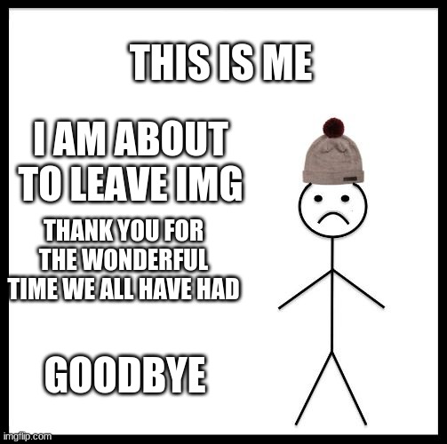 Don't Be Like Bill | THIS IS ME; I AM ABOUT TO LEAVE IMG; THANK YOU FOR THE WONDERFUL TIME WE ALL HAVE HAD; GOODBYE | image tagged in don't be like bill | made w/ Imgflip meme maker