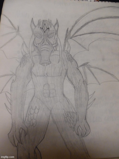 Random supernatural being drawn in highschool. Insectoid elephantine, influenced by mothman, gas masks, and cd box art | image tagged in anthro,original character,supernatural,horror,villain | made w/ Imgflip meme maker