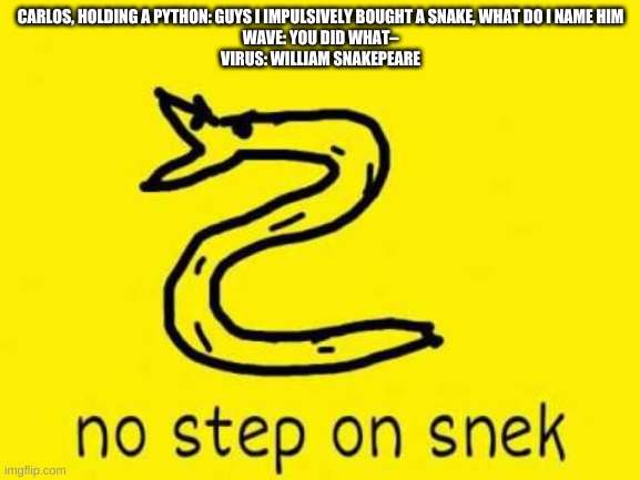 No step on snek | CARLOS, HOLDING A PYTHON: GUYS I IMPULSIVELY BOUGHT A SNAKE, WHAT DO I NAME HIM
WAVE: YOU DID WHAT–
VIRUS: WILLIAM SNAKEPEARE | image tagged in no step on snek | made w/ Imgflip meme maker