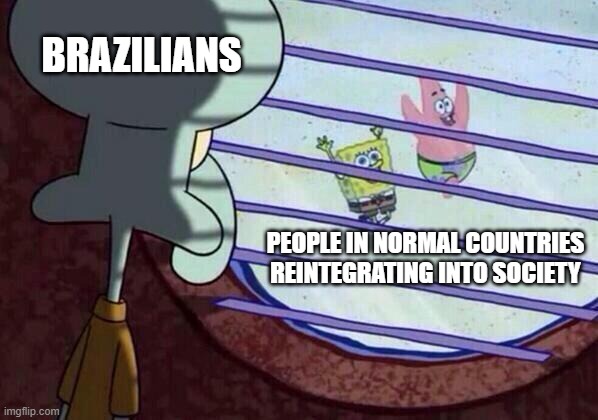 Squidward window | BRAZILIANS; PEOPLE IN NORMAL COUNTRIES REINTEGRATING INTO SOCIETY | image tagged in squidward window | made w/ Imgflip meme maker