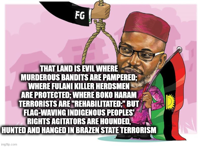 Indigenous Peoples Rights | THAT LAND IS EVIL WHERE MURDEROUS BANDITS ARE PAMPERED; WHERE FULANI KILLER HERDSMEN ARE PROTECTED; WHERE BOKO HARAM TERRORISTS ARE "REHABILITATED;" BUT FLAG-WAVING INDIGENOUS PEOPLES' RIGHTS AGITATORS ARE HOUNDED, HUNTED AND HANGED IN BRAZEN STATE TERRORISM | image tagged in declaration of independence | made w/ Imgflip meme maker