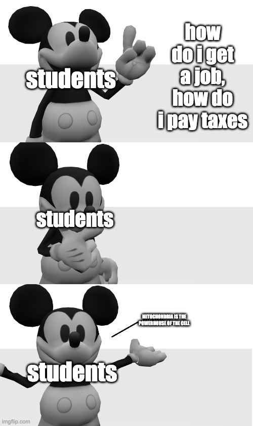 fnati suicide mouse magic? | how do i get a job, how do i pay taxes; students; students; MITOCHONDRIA IS THE POWERHOUSE OF THE CELL; students | image tagged in fnati suicide mouse magic | made w/ Imgflip meme maker