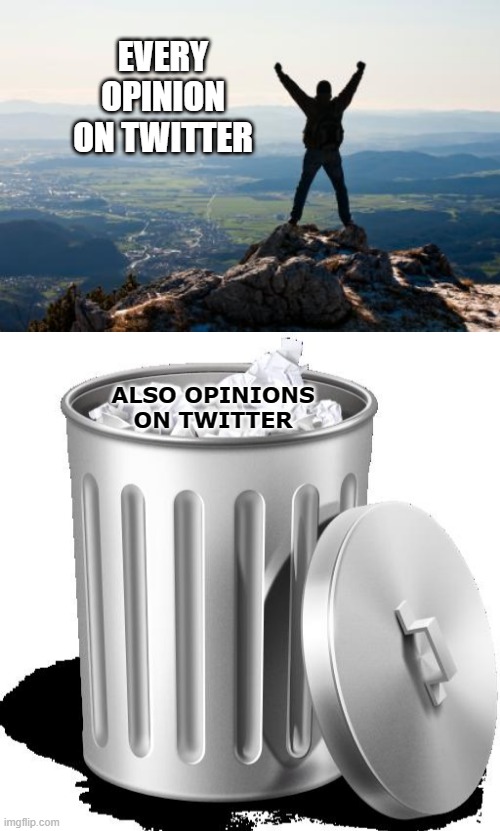 Opinions on Twitter | EVERY OPINION ON TWITTER; ALSO OPINIONS ON TWITTER | image tagged in shout it from the mountain tops,trash can full,opinion,morals | made w/ Imgflip meme maker
