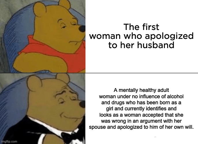 Tuxedo Winnie The Pooh | The first woman who apologized to her husband; A mentally healthy adult woman under no influence of alcohol and drugs who has been born as a girl and currently identifies and looks as a woman accepted that she was wrong in an argument with her spouse and apologized to him of her own will. | image tagged in memes,tuxedo winnie the pooh | made w/ Imgflip meme maker