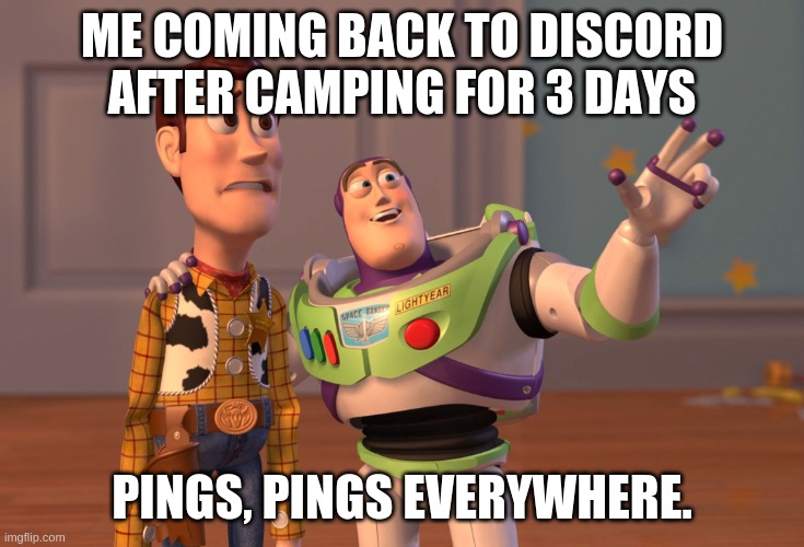 X, X Everywhere | ME COMING BACK TO DISCORD AFTER CAMPING FOR 3 DAYS; PINGS, PINGS EVERYWHERE. | image tagged in memes,x x everywhere,discord,notifications | made w/ Imgflip meme maker