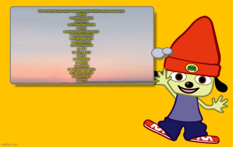 Parappa Text Box | TOP 20 PEOPLE WHO HAVE THE EXACT SAME POWER LEVELS AS SHAGGY; 
1. JERRY 
2. DESPACITO YODA 
3. MR BEAN 
4. RICHARD WATERSON 
5. FOUR 
6. SNOO/THE REDDIT MASCOT 
7. ANAIS WATERSON 
8. HOMER SIMPSON 
9. JUSTJOEKING 
10. PETER GRIFFIN
 11. TIKY 
12. TROLL FACE 
13. MILK 
14. PEPPA PIG 
15. SHREK
 16. WEEGEE 
17. THOMAS THE TRAIN 
18.OBI WAN KENOBI 
19. MARKIPLIER 
20. FERB | image tagged in parappa text box | made w/ Imgflip meme maker
